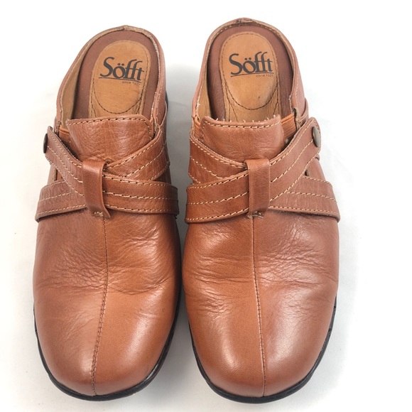 Sofft Brown Leather Clogs Mules with Wedge Heel 7W - Picture 2 of 10